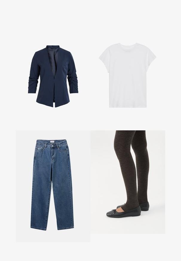 Blazer navy en tissu lisse avec un décolleté en V profond, des manches longues et des détails froncés sur les manches. Conception à ouverture frontale.; T-shirt blanc à manches courtes, col rond, coupe décontractée, en tissu de coton doux. Texture lisse, sans motifs ni logos.; Jean en denim bleu classique avec une coupe droite, cinq poches et une fermeture par bouton. Présente un lavage moyen et une texture robuste.; Jambes portant des leggings côtelés foncés associés à des ballerines noires avec de petits détails en nœud sur fond blanc.