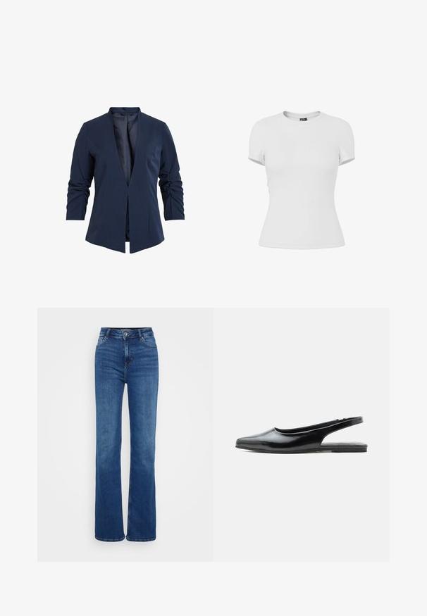 Marineblazer i et glat stof med dyb V-hals, lange ærmer og draperet detail på ærmerne. Åben frontdesign.; Plain hvid tætsiddende T-shirt med korte ærmer og rund hals, vist på en hvid baggrund.; Højtaljede flared jeans i mørkeblåt denim. Har fem lommer, diskret syning og knaplukning. Glat tekstur med en klassisk pasform.; Sort laklæder flad slingback-sko med spids tå og lav hæl på hvid baggrund.