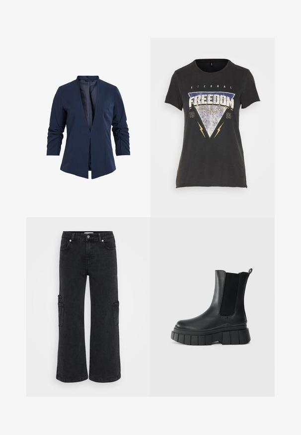 Blazer navy en una tela suave con escote en V profundo, mangas largas y detalles fruncidos en las mangas. Diseño de frente abierto.; ONLY ONLLUCY REG S/S TOP JRS NOOS - Camiseta estampada - black; Pantalones cargo de denim negro con piernas anchas, que cuentan con bolsillos frontales y bolsillos laterales. Textura suave y diseño clásico de cinco bolsillos.; Botas de tobillo negras de cuero suave con paneles laterales elásticos, una gruesa suela de plataforma estriada y una lengüeta en la parte trasera.