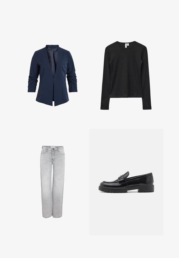 Blazer navy en una tela suave con escote en V profundo, mangas largas y detalles fruncidos en las mangas. Diseño de frente abierto.; Camiseta negra de manga larga hecha de tela suave, con cuello redondo y diseño sencillo, sin patrones ni adornos visibles.; Jeans rectos de color gris claro con bolsillos frontales, pasadores para cinturón y cierre de botón, exhibidos sobre un fondo blanco.; Mocasín de charol negro con punta redondeada, ligeros detalles de costura y una suela de goma gruesa y robusta. Presenta una correa decorativa en la parte superior.