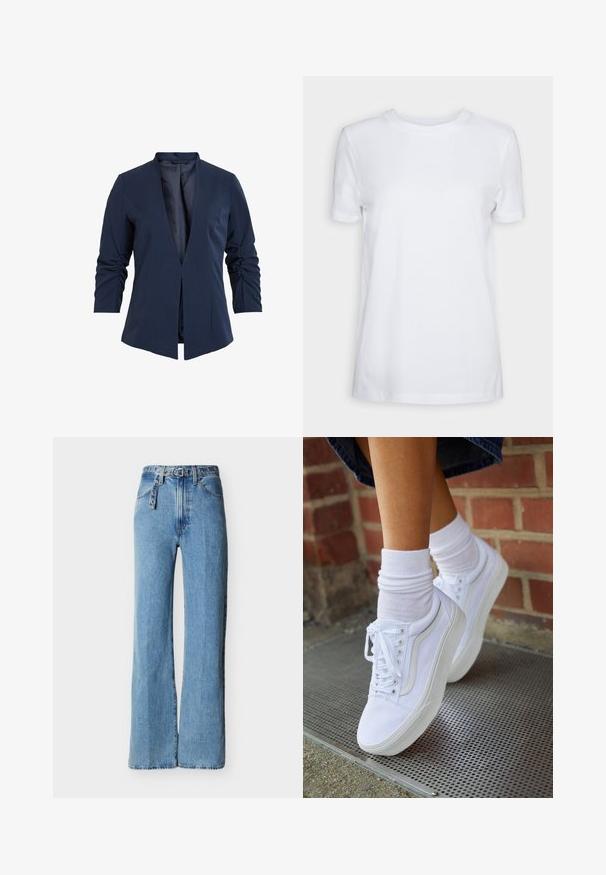 Blazer navy en tissu lisse avec un décolleté en V profond, des manches longues et des détails froncés sur les manches. Conception à ouverture frontale.; T-shirt blanc uni à manches courtes, col rond, coupe régulière, avec une petite étiquette à l’intérieur du col indiquant "SELECTED FEMME."; Jean denim bleu clair taille haute avec jambes larges, cinq poches, et une ceinture en denim assortie avec œillets en métal et boucle.; Baskets en toile blanches avec semelles en caoutchouc, dotées de six œillets, d'un bout rond et de détails de couture légers, portées avec des chaussettes blanches mi-mollet.
