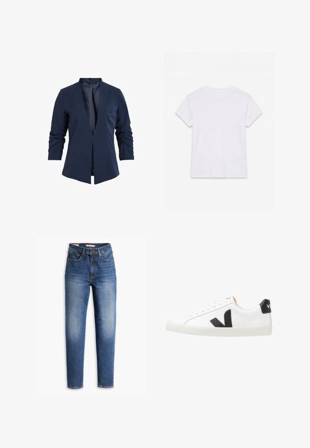 Blazer navy en una tela suave con escote en V profundo, mangas largas y detalles fruncidos en las mangas. Diseño de frente abierto.; Camiseta blanca lisa de algodón de manga corta y cuello redondo, colocada plana sobre un fondo blanco.; Jeans de denim azul con un diseño de pierna recta, cintura alta, bolsillos frontales y un acabado desvanecido cerca de los muslos para un aspecto usado.; Zapatilla blanca con un logo en V negro, con una parte superior de cuero liso, puntera redonda, cierre de cordones y una lengüeta en el talón de color negro en contraste.