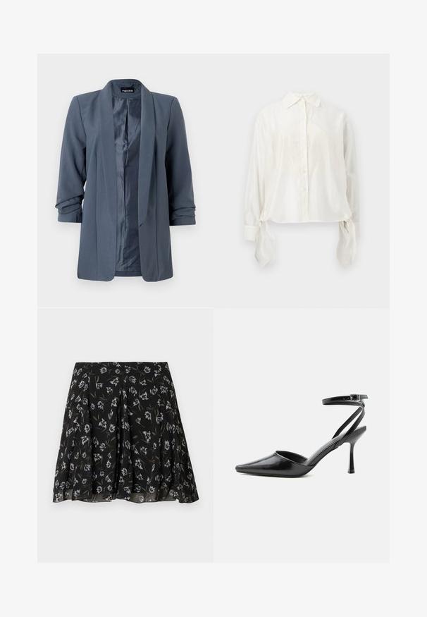 Grå blazer med en glat tekstur, åben front og foldede ærmer. Indvendigt har den en kontrasterende satinfinish og et minimalistisk design.; Hvid langærmet bluse med knapper og spids krave samt stofbånd, der hænger fra hver manchet, vist på en neutral baggrund.; Sort plisseret nederdel med hvidt og olivengrønt blomstermønster, flydende stof med subtil tekstur, midilengde design.; Sort spids højhælet sko med tynde ankelremme og sølvspænde på en ensfarvet lys baggrund.