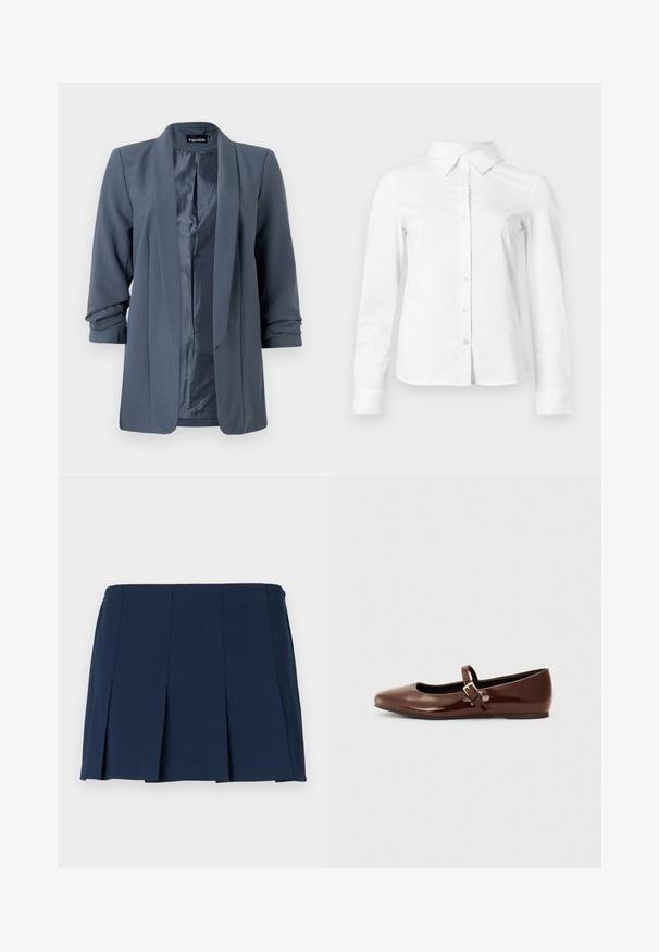 Grå blazer med en glat tekstur, åben front og foldede ærmer. Indvendigt har den en kontrasterende satinfinish og et minimalistisk design.; Hvid skjorte med lange ærmer, knapper, spids krave, lige kant og tætsiddende silhuet, vist på en ensartet lys baggrund.; Mørkeblå, plisseret mini nederdel med en lige talje, lavet af et glat stof. Har lodrette syninger langs plisseringerne.; Brun patentlæder balletflade med firkantet tå og strop med en lille guldbuckle. Glat tekstur, lav hæl og minimalistisk design.