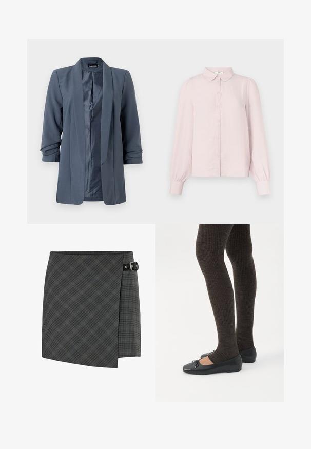 Grijze blazer met een gladde textuur, open voorkant en omgeslagen mouwen. Interior heeft een contrasterende satijnen afwerking en een minimalistisch ontwerp.; Lichtroze shirt met lange mouwen, voorzien van een kraag, knoopsluiting aan de voorkant en gerimpelde mouwen, gemaakt van zachte stof met een gladde textuur.; Donkergrijze geruite wollen wikkelrok met zwarte gespdetail aan de rechterzijde, rechte zoom en subtiele diagonale lijnenpatroon.; Benen met donkere geribbelde leggings gecombineerd met zwarte ballerina's met kleine strikdetails op een witte achtergrond.