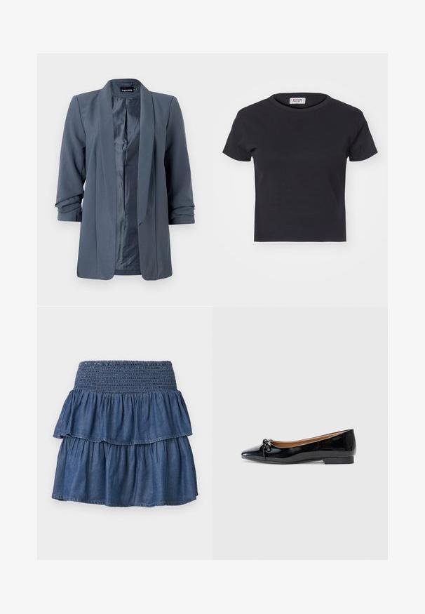 Blazer gris con una textura suave, frente abierto y mangas dobladas. El interior presenta un acabado satinado en contraste y un diseño minimalista.; Denim Project DPMDPWRIBBED CROPPED T-SHIRT - Camiseta básica - black; Falda vaquera azul con volantes, cintura ancha fruncida y dos capas recogidas sobre un fondo liso.; Bailarinas de charol negras con punta afilada, detalle de un pequeño lazo en la parte delantera y un tacón cuadrado bajo. Textura suave y brillante.