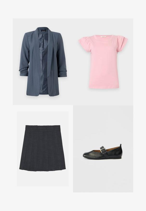 Blazer gris avec une texture lisse, devant ouvert et manches repliées. L'intérieur présente une finition satinée contrastante, au design minimaliste.; Blouse rose clair à manches courtes avec encolure ronde et manches bouffantes froncées, présentée sur un fond uni clair.; Jupe plissée gris foncé avec une taille élastique, dotée d'un tissu texturé et d'une silhouette A-line classique. Convient pour une tenue décontractée.; Ballerines en cuir noir à bout arrondi, dotées d'une bride et d'une boucle argentée. Texture lisse, petit talon, design minimaliste.
