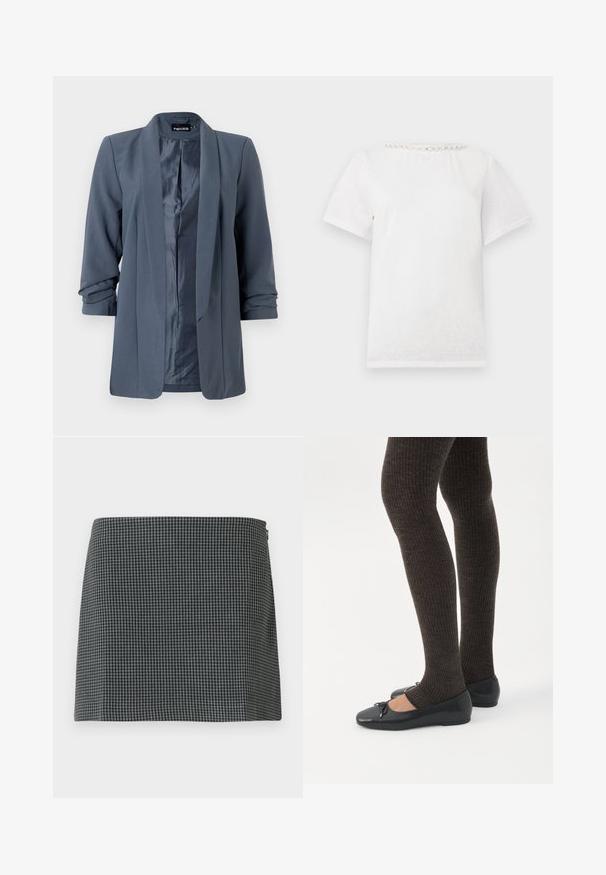 Grauer Blazer mit glatter Textur, offener Vorderseite und hochgeschlagenen Ärmeln. Das Innere verfügt über ein kontrastierendes Satinenfinish und ein minimalistisches Design.; Weißes T-Shirt mit kurzen Ärmeln und rundem Ausschnitt, verziert mit einer Reihe dekorativer Perlen entlang des Kragens.; Schwarz-weiß karierter Rock aus einem Stoff mit glatter Textur. Verfügt über eine gerade Silhouette und einen seitlichen Reißverschluss.; Beine in dunklen, gerippten Leggings kombiniert mit schwarzen Ballerinas mit kleinen Schleifendetails auf weißem Hintergrund.