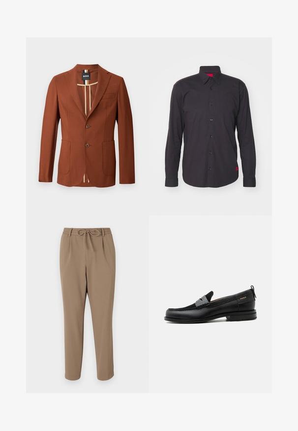 Brun blazer med en skræddersyet design, der har to forlommer, to knapper og en stribet indvendig foring. Glat tekstur, struktureret form.; Sort langærmet skjorte i bomuld, med spidse kraver, knaplukning fortil og en rød detalje indeni kraven. Struktureret stof uden mønstre.; Beige tapered bukser med snor i taljen, sidelommer og en glat tekstur. Ingen synlige mønstre eller yderligere accenter.; Sort læderloafer med grå remdetalje, lav hæl og tekstureret sål, mærket med "HUGO" i guld på siden.