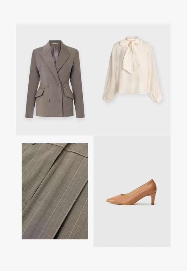 Dobbeltbrystet grå blazer med satinfor, spids lapel, to frontlommer og lukning med to knapper. Skræddersyet pasform med strukturerede skuldre.; Langærmet cremefarvet bluse med stor sløjfe om halsen og manchetter med knapper, vist mod en ensfarvet lys baggrund.; Close-up af beige stof med fint gitter og tynde, vertikale, hvide striber, med skarpe folder og syningsdetalje.; Brun læderpumpe med spids tå, lav kegleformet hæl og glat tekstur. Ingen synlige mønstre eller pynt.