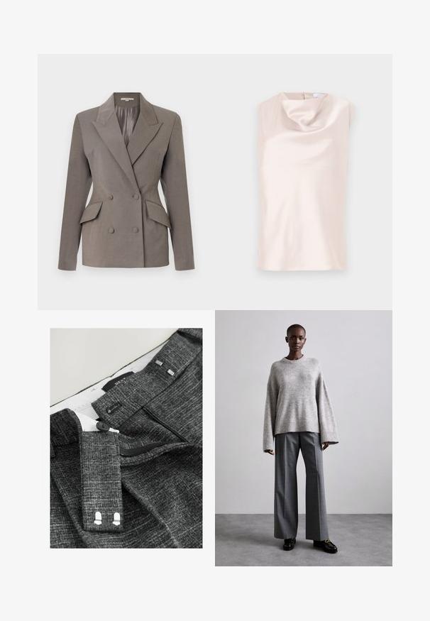 Dobbeltbrystet grå blazer med satinfor, spids lapel, to frontlommer og lukning med to knapper. Skræddersyet pasform med strukturerede skuldre.; Ærmeløs top i silkelignende stof i blød beige med en draperet cowl-halsudskæring. Har en diskret lynlås bagpå og en glat, blank tekstur.; Grå strukturerede bukser med knaplukning, lynlås og ekstra kroge, samt sølvfarvede detaljer på taljen og indvendig foring.; Grå strikket sweater med brede ærmer og ribbet kant, parret med høj-taljede grå bukser med et subtilt ternet mønster og sorte loafers.