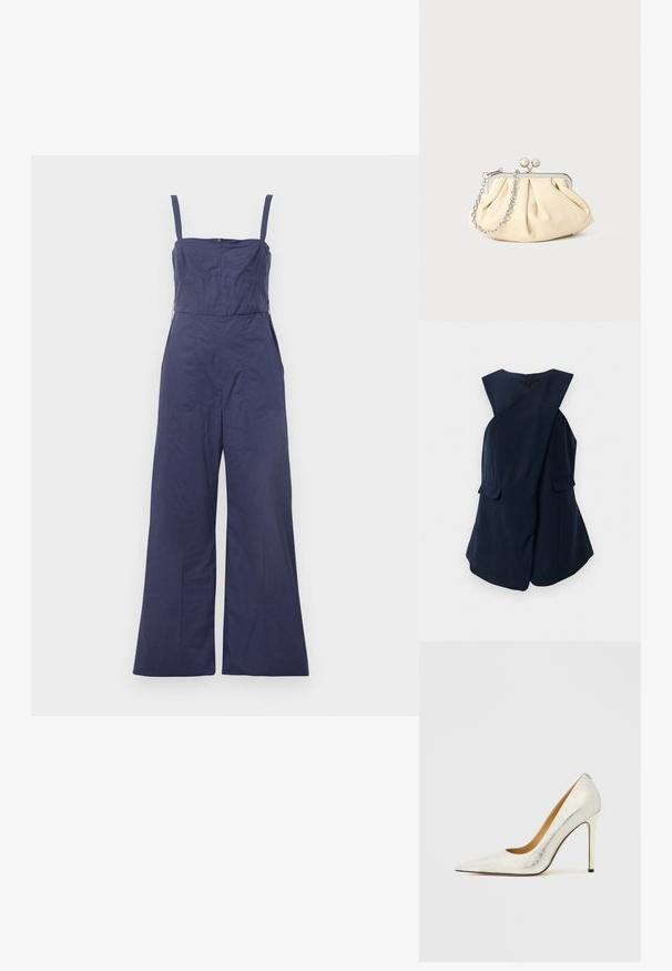 Ærmeløs navy blue kjole med indpakningsdesign og to klaplommer, præsenteret mod en hvid baggrund.; Mørkeblå jumpsuit med tynde stropper, tætsiddende bodice og brede bukser. Har en lynlås bagpå og en glat stofstruktur.; Hvid læderhøjhælet sko med spids tå og tekstureret finish. Har en slank stiletthæl og en glat indvendig foring.; Plisseret beige læderclutch med en sølvmetalramme, der har to runde dekorative låse og en sølvkædetrasporte.