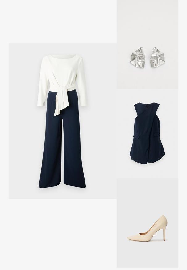 Ærmeløs navy blue kjole med indpakningsdesign og to klaplommer, præsenteret mod en hvid baggrund.; Hvid bluse med lange ærmer og detalje med bundet talje, kombineret med marineblå bukser med vide ben, der viser glat stof og en afslappet silhuet.; Beige læder højhælede pumps med spidse tæer og et udskæringsdetalje på siden, der har en slank stilettohæl for støtte.; Sølvmetal øreringe med et bølgende, skulpturelt design, der har en poleret overflade og uregelmæssige former, hvilket fremhæver en moderne æstetik.