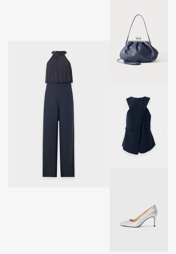 Ærmeløs navy blue kjole med indpakningsdesign og to klaplommer, præsenteret mod en hvid baggrund.; Marineblå jumpsuit med ærmeløs halterhals og bukser med vide ben, med en rynket, løstsiddende overdel og tætsiddende talje.; Sølvglitrende højhælede pumps med spids tå og glat inderside. Hælen er tynd og fremhæver det slanke design.; Blød navyblå læderhåndtaske med sølv lukning, enkelt skulderrem og aftagelig kæde til håndleddet på hvid baggrund.