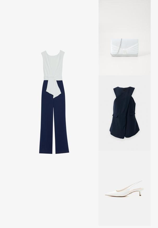 Ærmeløs navy blue kjole med indpakningsdesign og to klaplommer, præsenteret mod en hvid baggrund.; Mørkeblå jumpsuit med en tætsiddende hvid overdel, brede bukser og taljebånd. Glat stof med en ren silhuet og minimalistisk design.; Hvid læderslingback sko med spids tå og lav kittenhæl på en ensartet lys baggrund.; Lyseblå clutchtaske med plisseret design. Har en rektangulær form, kædestrop og en glat tekstur med en central accent.