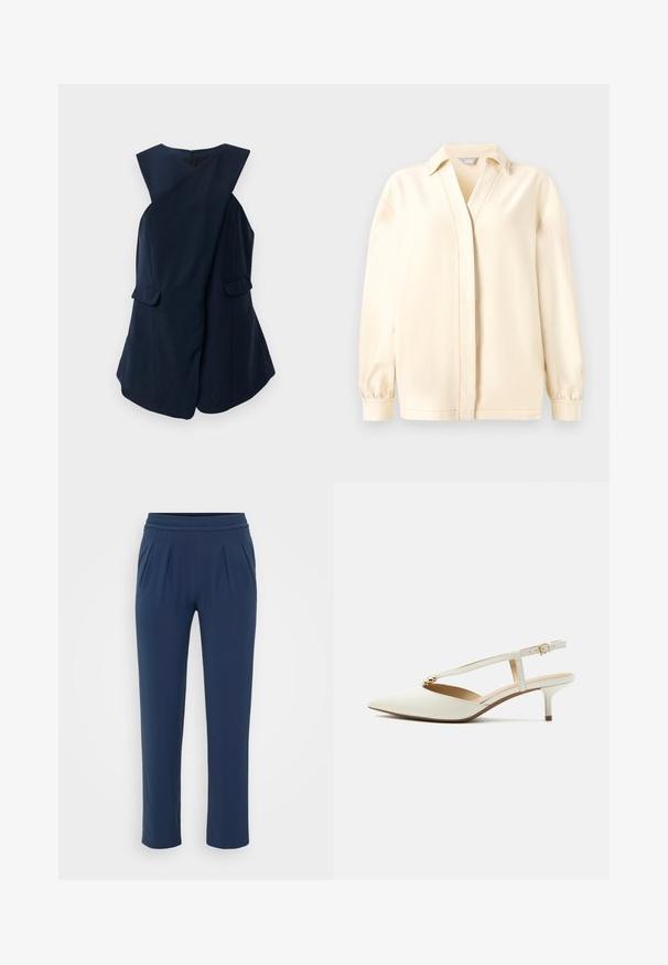 Ærmeløs navy blue kjole med indpakningsdesign og to klaplommer, præsenteret mod en hvid baggrund.; Cremefarvet langærmet bluse med krave, der har en V-halsskjæring, blød texture og samlede manchetter. Lige kant med subtile syningsdetaljer.; Marineblå højtaljede bukser med elastisk talje, lige brede ben og sidelommer, præsenteret mod en ensfarvet baggrund.; Hvid spids tå slingback pumpe med lav stilet hæl og et gyldent dekorativt element på den forreste rem.