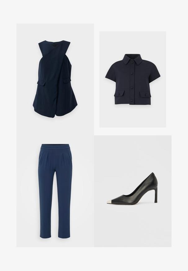 Ærmeløs navy blue kjole med indpakningsdesign og to klaplommer, præsenteret mod en hvid baggrund.; Kortærmet cropped navy jakke med spids krave, frontknaplukning og to klaplommer med knapper.; Marineblå højtaljede bukser med elastisk talje, lige brede ben og sidelommer, præsenteret mod en ensfarvet baggrund.; Sort læder højhælet sko med spids tå og metal-sølv hætte. Har en glat finish og en slank hæl på 10 cm.