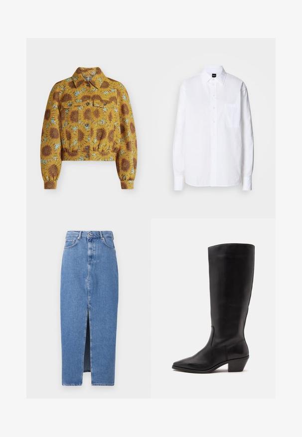 Veste courte jaune avec des tournesols bruns et des accents bleus, boutons sur le devant, poches poitrine, manches longues et col pointu.; Chemise blanche à boutons, en coton, avec un col classique, des manches longues, une poche poitrine et une texture lisse et structurée.; Jupe midi en denim bleu clair avec une fente avant, design classique à cinq poches et fermeture par bouton supérieur. Le tissu présente une légère texture.; Botte en cuir noire mi-mollet avec un bout pointu et un talon bas incliné sur un fond clair uni.