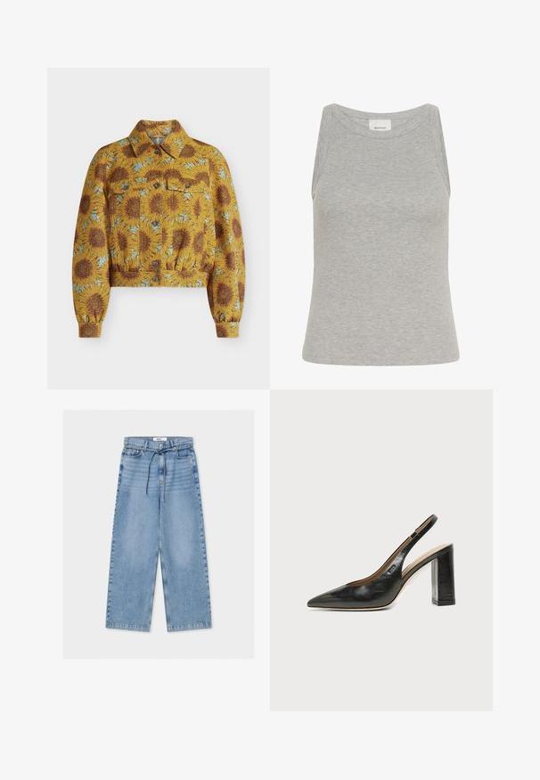 Veste courte jaune avec des tournesols bruns et des accents bleus, boutons sur le devant, poches poitrine, manches longues et col pointu.; Débardeur gris côtelé avec un col rond et un design sans manches. Fabriqué en tissu doux, il présente une silhouette ajustée et des coutures minimales.; Jean large bleu clair taille haute, fermeture par bouton et zip, poches avant et ceinture fine à cordon.; Chaussure slingback en cuir noir à bout pointu avec un talon bloc haut et une doublure intérieure beige sur un fond clair uni.
