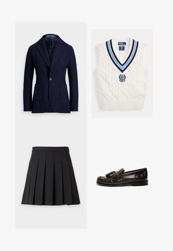 Marineblå nålestribet blazer lavet af stof med en glat tekstur. Har en vippekrave, to forlommer og en enkelt knaplukning.; Hvid kabelstrikket ærmeløs sweatervest med blåstribet V-hals og Polo Ralph Lauren Wimbledon-logo på brystet.; Sort plisseret nederdel med en flad talje. Lavet af glat stof, der har ensartede lodrette folder og en lige kant. Ingen synlige lukninger.; Mørkebrun læder mokasin med kvaster, flad sort sål og lille gyldent logo på hælsiden.