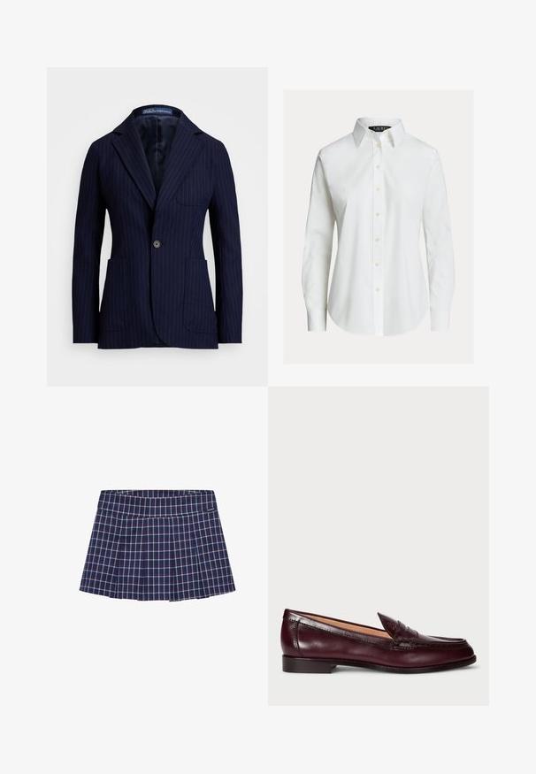 Marineblå nålestribet blazer lavet af stof med en glat tekstur. Har en vippekrave, to forlommer og en enkelt knaplukning.; Hvid skjorte med lange ærmer, knapper foran, spids krave og let buet kant.; Navy tartan nederdel med plisseret design, lavet af stof med blå, rød og hvid ternet mønster, afsluttet med et mærke med brandnavn.; Bordeaux lær loafers med en glat finish, rund tå, dekorativ syning og en lav hæl. Indersiden har en blød beige foring.