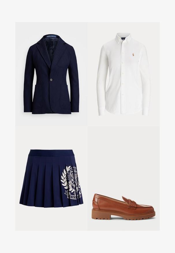 Marineblå nålestribet blazer lavet af stof med en glat tekstur. Har en vippekrave, to forlommer og en enkelt knaplukning.; Hvid skjorte med lange ærmer og knapper, med knaplukket krave og lille broderet polo-spillerlogo på brystet.; Marineblå plisseret nederdel med bred linning og hvid tennisinspireret logo på nederste højre side.; Brune læder loafers med en moccasin-foddesign, synlig syning og en kraftig, tekstureret gummisål. Hardware i guldfarve som accent.