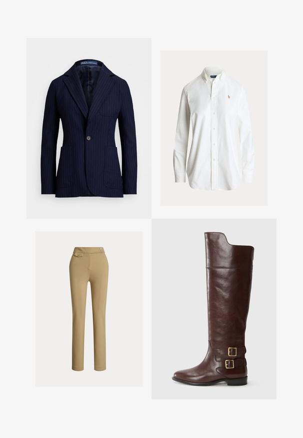Marineblå nålestribet blazer lavet af stof med en glat tekstur. Har en vippekrave, to forlommer og en enkelt knaplukning.; Hvid skjorte med lange ærmer med knapper og knaplukket krave samt lille broderet polo-spiller logo på venstre bryst.; Beige slim-fit kvindebukser med høj talje, to knapper i siden og en lille lomme med knap nær taljebåndet.; Brune læderknæhøj støvle med en rund tå, der har to guldtonede spænder ved anklen og en glat, poleret overflade.