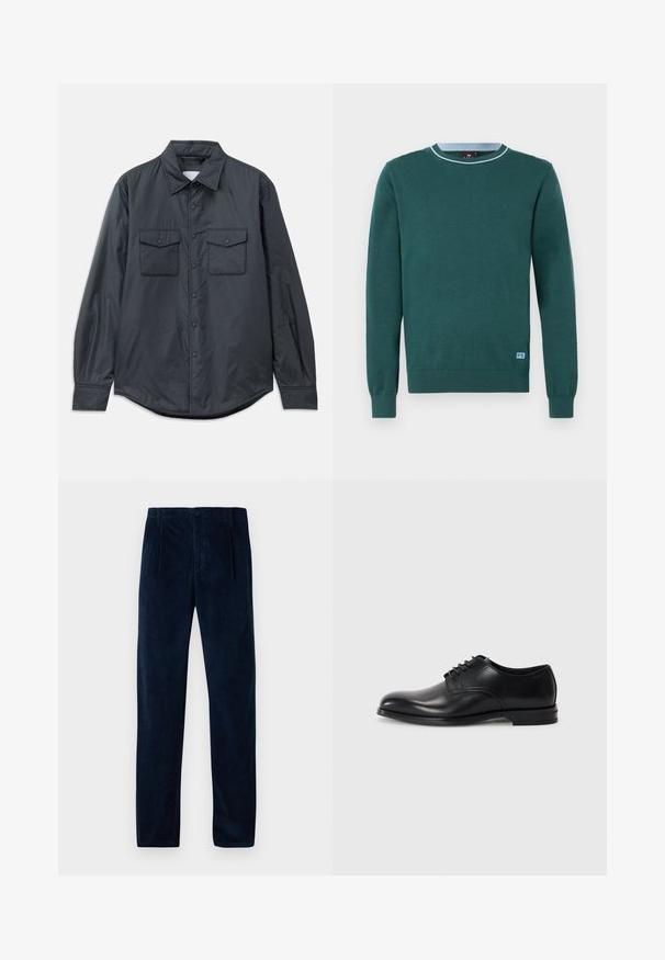 Chemise à manches longues gris foncé en tissu lisse, dotée d'un col pointu, de deux poches poitrine et d'une fermeture à boutons sur le devant.; Pull vert avec col rond, manches longues, texture tricotée, et accent bleu clair au niveau du col. Présente un petit logo en bas.; Pantalon en velours côtelé bleu marine avec plis avant, passants de ceinture, poches latérales et fermeture à bouton et zip, présenté à plat sur un fond blanc.; Chaussure habillée en cuir noir avec un bout arrondi, un lacet, une texture lisse et une semelle en caoutchouc basse. Détails de couture minimaux.