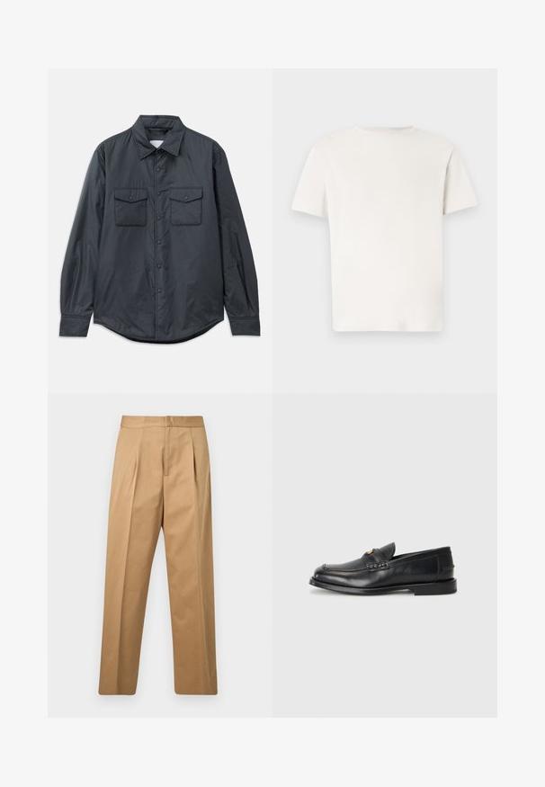 Chemise à manches longues gris foncé en tissu lisse, dotée d'un col pointu, de deux poches poitrine et d'une fermeture à boutons sur le devant.; T-shirt blanc uni à manches courtes et col rond, présenté de face sur un fond gris clair.; Pantalon beige à jambes droites avec plis à l'avant, ceinture, et fermeture avant dissimulée, présenté sur un fond gris clair uni.; Des mocassins en cuir noir présentent un bout arrondi, des détails cousus et un petit accent doré à l'avant. La semelle est plate et discrète.
