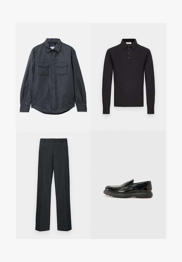 Chemise à manches longues gris foncé en tissu lisse, dotée d'un col pointu, de deux poches poitrine et d'une fermeture à boutons sur le devant.; Polo noir à manches longues avec col et patte de boutonnage à quatre boutons, présenté sur un fond blanc uni.; Pantalon gris foncé à coupe droite, fabriqué en tissu texturé, avec une fermeture à bouton unique et des poches latérales.; Mocassin en cuir noir avec une finition brillante, bout arrondi, détails de couture subtils et semelle en caoutchouc épaisse pour la durabilité.