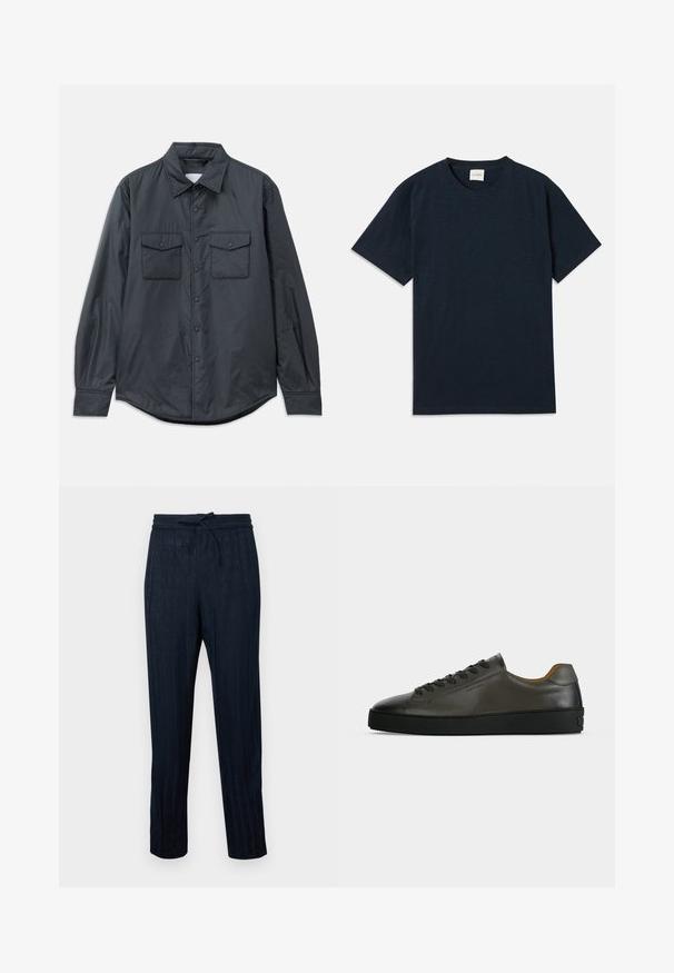 Chemise à manches longues gris foncé en tissu lisse, dotée d'un col pointu, de deux poches poitrine et d'une fermeture à boutons sur le devant.; T-shirt à manches courtes en bleu marine uni avec un petit logo embossé près de l'ourlet inférieur.; Pantalons rayés navy en tissu léger, avec une taille élastique et un cordon de serrage. Design à jambe droite avec une texture subtile.; Basket basse en cuir gris foncé avec lacets et semelle noirs, design minimaliste, profil latéral sur un fond clair uni.