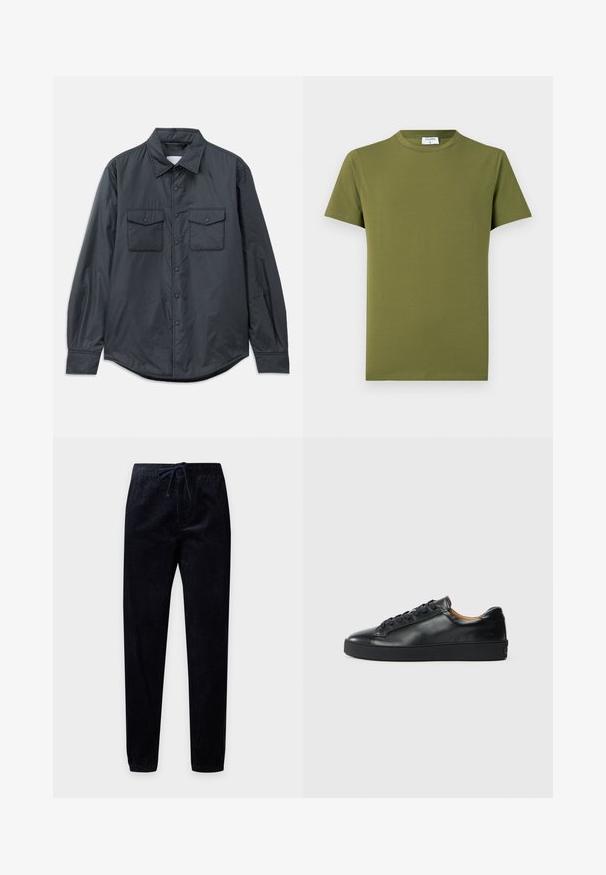 Chemise à manches longues gris foncé en tissu lisse, dotée d'un col pointu, de deux poches poitrine et d'une fermeture à boutons sur le devant.; T-shirt manches courtes de couleur vert olive, fabriqué en tissu doux et lisse. Col rond classique, lignes épurées, sans motifs ni accents visibles.; Pantalon en velours côtelé noir avec taille élastique et cordon, jambes fuselées avec poignets élastiques, présenté à plat sur fond blanc.; Baskets en cuir noir avec une texture lisse, bout rond et fermeture à lacets. Comprend une semelle en caoutchouc épaisse et un minimum de détails de marque.