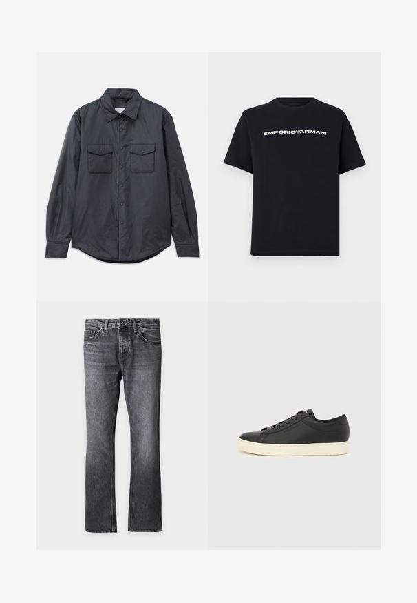 Chemise à manches longues gris foncé en tissu lisse, dotée d'un col pointu, de deux poches poitrine et d'une fermeture à boutons sur le devant.; T-shirt noir à manches courtes et col rond avec le texte blanc "EMPORIO ARMANI" et le logo aigle centrés sur la poitrine.; Jeans en denim noir délavé coupe droite avec fermeture par bouton et zip, passants pour ceinture et poches avant sur fond blanc.; Baskets en cuir noir à texture lisse, semelle en caoutchouc blanche, bout arrondi et lacets noirs assortis. Marquage discret sur le côté.