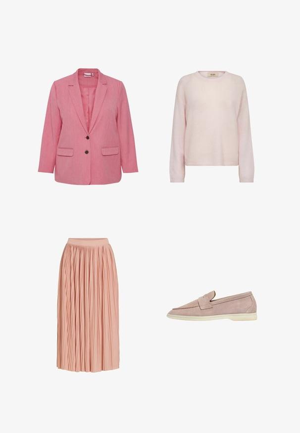Lyserød stofblazer med tekstureret overflade, enkelt knaplukning, to forlommer og nedskåret reversdesign. Uforet indvendig.; Blød lyserød langærmet sweater med rund hals, let løs pasform og ribstrikkede manchetter og kant.; Lyserød midi-længde plisseret nederdel med bred linning, lavet af letvægtsstof, vist mod en hvid baggrund.; Lys rosa ruskinds loafers med en flad beige sål og en enkel stropdetail på tværs af toppen, vist i profil.