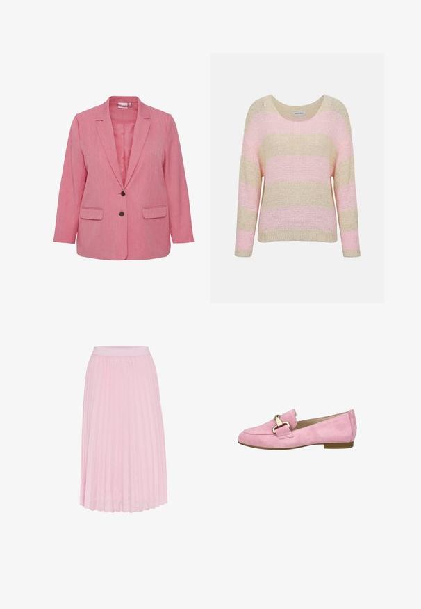 Lyserød stofblazer med tekstureret overflade, enkelt knaplukning, to forlommer og nedskåret reversdesign. Uforet indvendig.; Løsstrikket sweater med brede, vandrette striber i beige og lyserød, med rund halsudskæring og lange ærmer.; Plisseret midi-skirt i lyserød, med en bred elastisk talje og en glat tekstur. Plisseringerne strækker sig fra taljen til kanten.; Lyserøde ruskinds flade loafers med guldfarvet metalbit-detalje på toppen og en lav stakket hæl, vist mod en hvid baggrund.