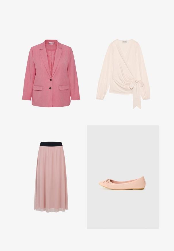 Lyserød stofblazer med tekstureret overflade, enkelt knaplukning, to forlommer og nedskåret reversdesign. Uforet indvendig.; Ærmeløs top i blødt, lys rosa stof. Har lange ærmer, et bånd i taljen og blide draperinger over forsiden.; Pink ankel-lang nederdel med et gennemsigtigt ydre lag og en bred sort elastisk taljebånd.; Ballet flade sko i lys pink syntetisk materiale med en rund tå, der har en lille sløjfedetalje og en fleksibel sål.