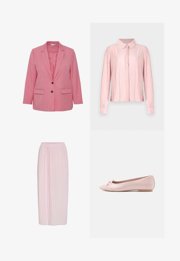 Lyserød stofblazer med tekstureret overflade, enkelt knaplukning, to forlommer og nedskåret reversdesign. Uforet indvendig.; Rosa langærmet bluse med kravehals, der har en plisseret tekstur og knaplukning foran. Glat stof med kontrasterende manchetter.; Lyserød plisseret nederdel med en afslappet talje og en lang, flydende silhuet. Glat tekstur med subtile striber for ekstra detaljer.; Rosa lakballetsko med spids tå og en dekorativ sløjfe foran. Har en flad sål og sømløst design.