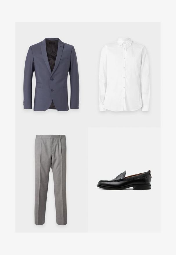 Chaqueta de traje gris con un diseño de un solo botón, dos botones, solapas de muesca y acentos en los puños con tres botones. Tela suave, forma ajustada.; Camisa blanca de manga larga con botones, hecha de algodón. Presenta un cuello puntiagudo y un pequeño logo bordado en el pecho. Textura suave.; Pantalones gris con rayas y un corte a medida, con pliegues delanteros, trabillas para cinturón y una textura suave. Diseño de pierna recta, con dobladillos limpios.; Mocasín de hombre de piel negra con costura moc toe, tira penny, cuello texturizado y tacón bajo apilado sobre fondo blanco.
