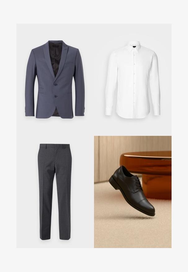 Veste de costume grise à simple boutonnage, avec deux boutons, revers crantés et poignets à trois boutons. Tissu lisse, coupe ajustée.; Chemise blanche à manches longues, boutonnée sur le devant, col classique, fabriquée en tissu lisse avec une texture subtile, conçue pour une coupe ajustée.; Pantalons tailleur gris avec une finition texturée, devant plat et design à jambe droite. Comprend des poches latérales et des passants de ceinture.; Chaussure oxford formelle en cuir noir avec lacets, flottant au-dessus d’un tapis beige, avec une table ronde marron en arrière-plan.