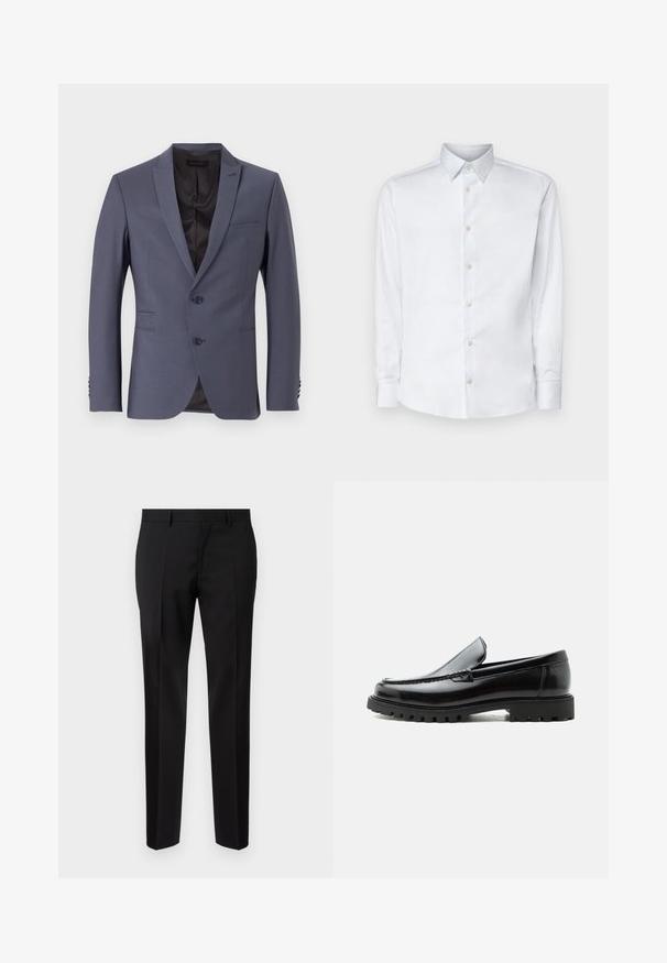 Veste de costume grise à simple boutonnage, avec deux boutons, revers crantés et poignets à trois boutons. Tissu lisse, coupe ajustée.; Chemise blanche à manches longues en tissu lisse, dotée d'un col classique, d'une patte de boutonnage et de poignets avec boutons, présentée sur un fond uni.; Pantalons noirs ajustés en tissu lisse, présentant une jambe droite, des détails de pli raffinés et une taille classique avec passants de ceinture.; Mocassin en cuir noir avec semelle en caoutchouc épaisse, dessus cousu et nom de marque embossé sur le talon, présenté de profil sur fond blanc.
