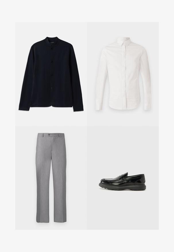 Navyblauwe cardigan met een rechtopstaande kraag, frontsluiting met knopen en lange mouwen. Gemaakt van zachte materialen en heeft een gladde textuur.; Wit langemouwen shirt van zachte katoen, met een klassieke kraag, knoopsluiting aan de voorkant en een gebogen zoom, met subtiele geborduurde logo-detail.; Grijze op maat gemaakte dresspantalon met riemlussen, voorste knoop en rits, met een recht gesneden pijp.; Zwarte leren instapper met een glanzende afwerking, een ronde neus, subtiele stiksels en een dikke rubberen zool voor duurzaamheid.