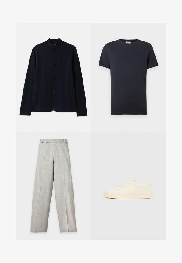 Navyblauwe cardigan met een rechtopstaande kraag, frontsluiting met knopen en lange mouwen. Gemaakt van zachte materialen en heeft een gladde textuur.; Effen zwarte korte mouw t-shirt met ronde hals en een klein wit label aan de binnenkant van de kraag, op een witte achtergrond.; Lichtgrijze wijde broek met voorplooien, riemlussen en een rechte snit, afgebeeld tegen een effen witte achtergrond.; Slofkleurige sneaker met een glad leren bovenwerk, ronde neus, vetersluiting en een geribbelde rubberen zool. Minimalistisch ontwerp, zonder logo's.