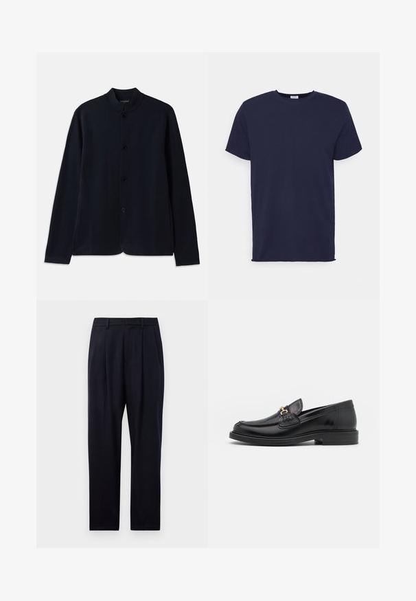 Navyblauwe cardigan met een rechtopstaande kraag, frontsluiting met knopen en lange mouwen. Gemaakt van zachte materialen en heeft een gladde textuur.; Navyblauwe T-shirt met korte mouwen van zachte stof. Heeft een ronde hals en een rechte snit zonder patronen of accenten.; Navyblauwe broek in een rechte snit, met een gestructureerde stof, twee frontplooien, riemlussen en een ritsluiting.; Zwarte leren instappers met een ronde neus, voorzien van een gouden hardware accent en stikdetails, geplaatst op een lage, getextureerde rubberen zool.