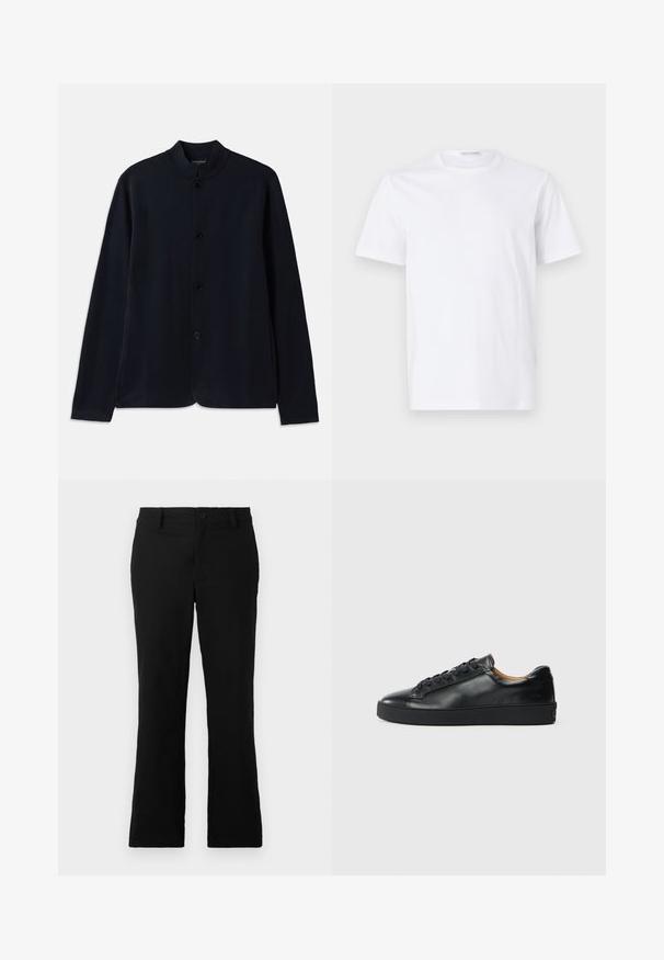 Námornícky modrý cardigan s vysokým golierom, predným zapínaním na gombíky a dlhými rukávmi. Vyrobený z mäkkého materiálu, s hladkou textúrou.; Biely bavlnený tričko s okrúhlym výstrihom a krátkymi rukávmi. Hladká textúra, rovný strih a minimalistický dizajn bez vzorov alebo akcentov.; Čierne rozšírené nohavice z bavlnenej zmesi, s gombíkovým zapínaním, pútkami na opasok a hladkým povrchom bez viditeľných vzorov.; Čierne kožené tenisky s hladkým povrchom, okrúhlou špičkou a šnúrkami. Majú hrubú gumenú podrážku a minimálne značkové detaily.
