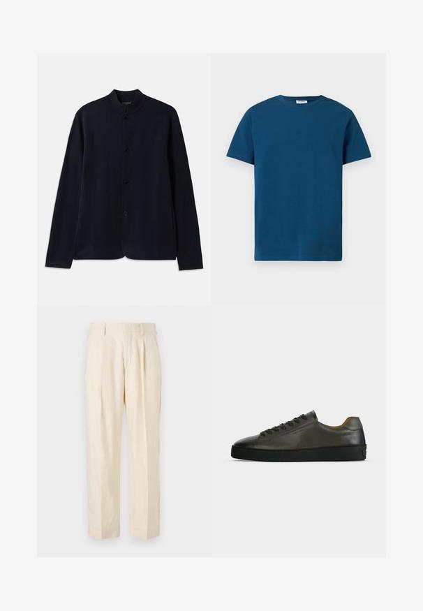 Navyblauwe cardigan met een rechtopstaande kraag, frontsluiting met knopen en lange mouwen. Gemaakt van zachte materialen en heeft een gladde textuur.; Donkerblauw T-shirt met ronde hals, gemaakt van zacht katoen, met korte mouwen en een eenvoudige, gladde textuur met een rechte pasvorm.; NN.07 KAY - Broek - off white; Donkergrijze leren lage sneaker met zwarte veters en zool, minimalistisch ontwerp, zijaanzicht op een effen lichte achtergrond.