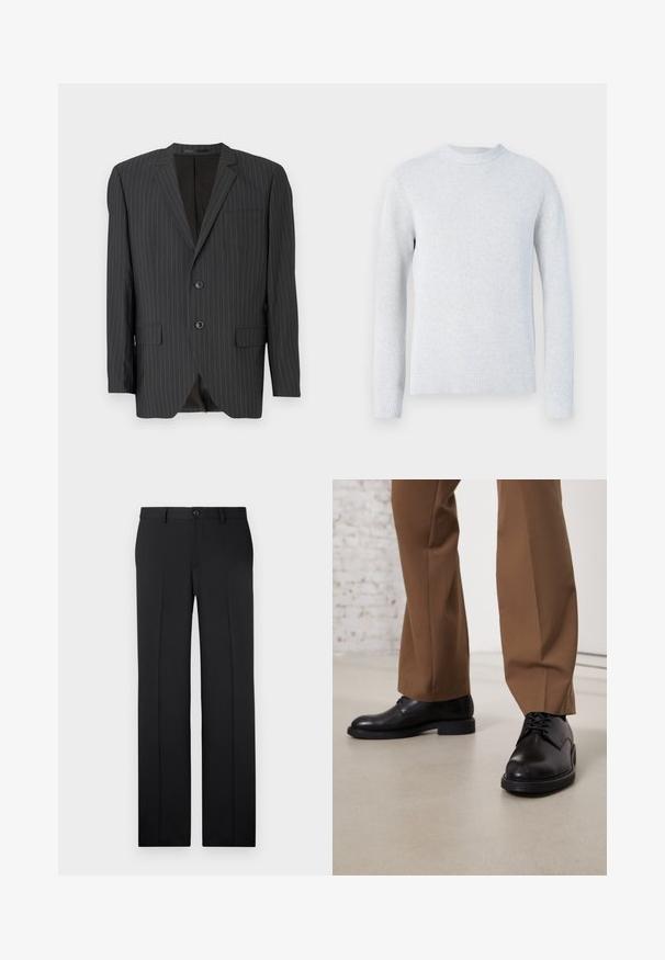 Sort blazer med smalle striber, to-knaps lukning, klapkraver, sidelommer, enkelt brystlomme og foret inderside. Skræddersyet pasform.; Lysegrå strikket trøje med lange ærmer, rund hals og ribkant ved ærmer og bund, vist på en hvid baggrund.; Sorte, skræddersyede bukser med lige ben, glat stof, pressefolder foran og en enkelt knaplukning i taljen.; Sorte læder sko med glat overflade og rund tå, der har snørebåndslukning og en lav, flad sål. Sammen med brune bukser.