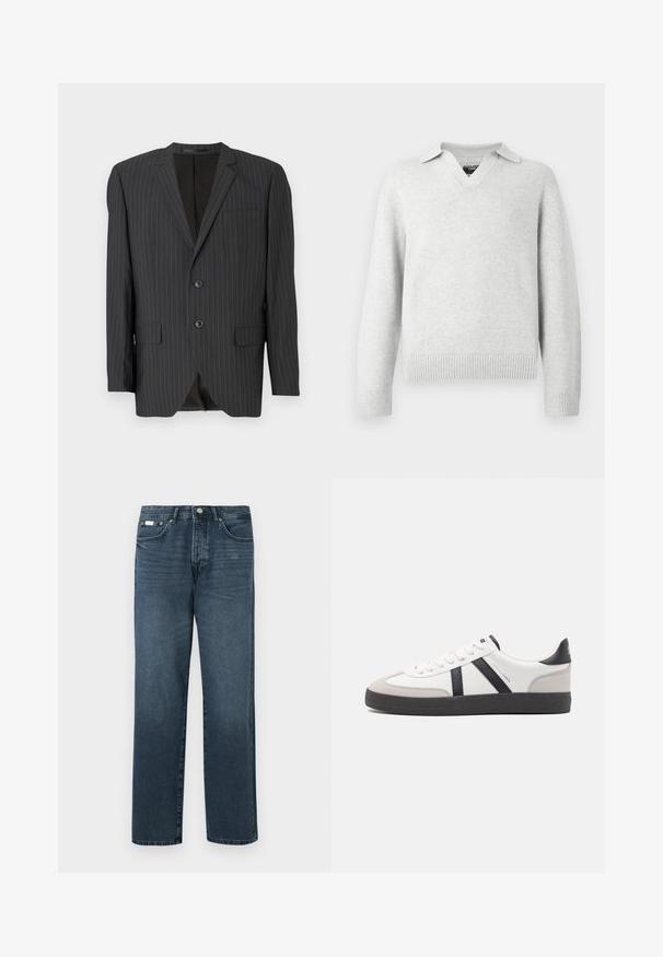 Blazer noir à rayures avec fermeture à deux boutons, revers crantés, poches latérales, poche poitrine simple et intérieur doublé. Coupe ajustée.; Pull en tricot gris clair avec un col en V et un design avec col. Poignets et ourlet côtelés, doté d'une texture douce et d'une coupe décontractée.; Jean en denim bleu foncé avec une coupe droite, cinq poches, passants de ceinture et fermeture à glissière. Texture lisse avec des détails de décoloration subtils.; Baskets blanches avec des accents noirs et gris, présentant un embout texturé gris, une semelle en caoutchouc noir et des lacets plats blancs. Design épuré, style minimaliste.