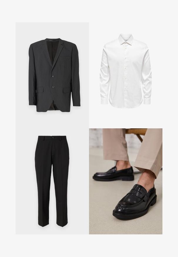 Schwarzer Blazer mit Nadelstreifen, zwei Knöpfen, Reverskragen, Seitentaschen, einer Brusttasche und gefüttertem Innenbereich. Taillierte Passform.; Weißes Herrenhemd mit langen Ärmeln, spitzem Kragen und einer vorderen Reihe weißer Knöpfe auf einfarbigem Hintergrund.; Schwarze Hosen aus glattem Stoff mit geradem Bein, Fronttaschen, einem einzigen Knopfverschluss und ohne sichtbare Muster.; Schwarze Lederloafers mit glatter Oberfläche, ausgestattet mit einem dekorativen Riemen und Kontrastnähten, kombiniert mit beigen Hosen.