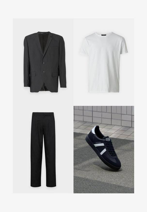 Schwarzer Blazer mit Nadelstreifen, zwei Knöpfen, Reverskragen, Seitentaschen, einer Brusttasche und gefüttertem Innenbereich. Taillierte Passform.; Weißes T-Shirt mit kurzen Ärmeln und Rundhalsausschnitt aus Baumwolle mit glatter Textur. Verfügt über ein Etikett am Kragen. Einfaches, schlichtes Design.; Schwarze Hose aus glattem Stoff, mit geradem Bein Design, zwei vorderen Falten und einem Standardbund mit Gürtelschlaufen.; Schwarze Leder-Sneaker mit weißen Streifen, strukturiertem Gummisohle und Schnürung. Verfügt über ein Markenetikett auf der Zunge.