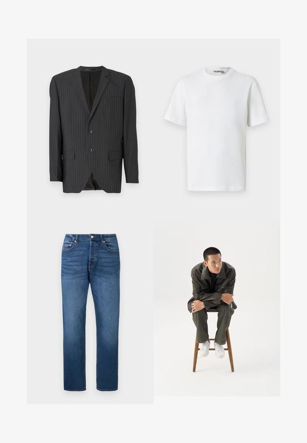 Blazer noir à rayures avec fermeture à deux boutons, revers crantés, poches latérales, poche poitrine simple et intérieur doublé. Coupe ajustée.; T-shirt blanc à manches courtes en maille gaufrée avec col rond, petite étiquette de marque à l'intérieur du col, présenté sur un fond uni.; Jean bleu droit avec bouton et fermeture éclair à l'avant, style cinq poches, et légère décoloration sur les cuisses et les genoux, présenté à plat sur fond blanc.; Jeune homme en veste en cuir foncée et jean, assis sur un tabouret en bois, penché en avant, les bras croisés, regardant sur le côté sur fond blanc.
